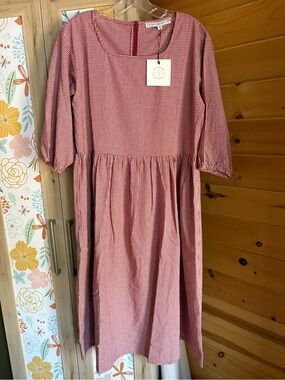 NWT The Main Street Exchange “Beth” Square Neck Midi Dress in Red/White Gingham